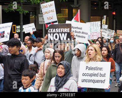 Canberra, Australie. 4 novembre 2023. Les manifestants se rassemblent à Canberra, en Australie, pour soutenir la Palestine et appeler à un cessez-le-feu immédiat à Gaza. Crédit : Leo Bild/Alamy Live News Banque D'Images