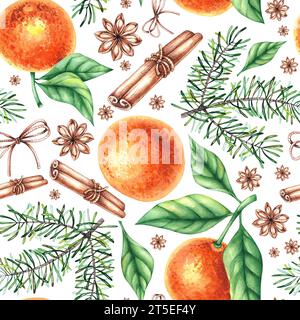 Motif de Noël avec mandarines, aiguilles de pin sur fond blanc. Motif sans couture aquarelle dessiné à la main. Décoration de Noël pour la conception de Banque D'Images