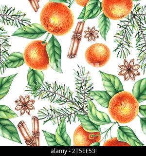 Motif de Noël avec mandarines, aiguilles de pin sur fond blanc. Motif sans couture aquarelle dessiné à la main. Décoration de Noël pour la conception de Banque D'Images