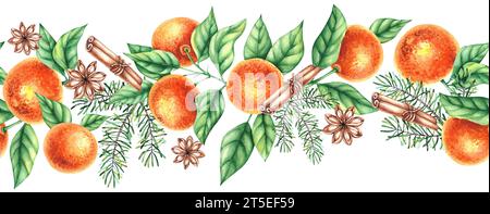 Motif horizontal de Noël avec des mandarines, des aiguilles de pin sur un fond blanc. Motif sans couture aquarelle dessiné à la main. Décoration de Noël pour le Banque D'Images