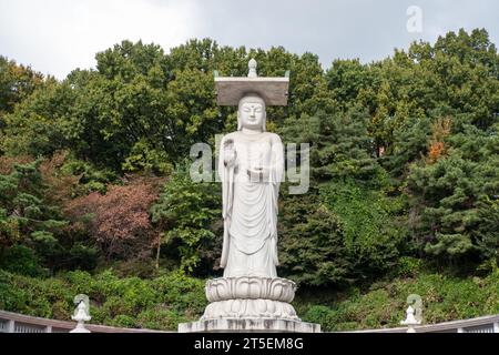 Mireuk Daebul statue du bodhisattva Maitreya au temple Bongeunsa, un temple bouddhiste à Séoul. Avec fond de feuilles d'automne. C'est le plus grand Banque D'Images