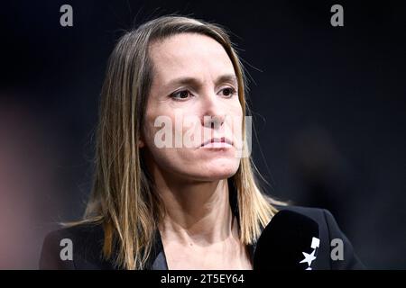 Ancienne joueuse belge Justine Henin consultante pour la chaîne de télévision Eurosport lors du tournoi de tennis masculin Rolex Paris Masters ATP Masters 1000 le 3 novembre 2023 à l'Accor Arena Bercy à Paris. Photo de Victor Joly/ABACAPRESS.COM Banque D'Images