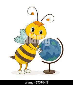 Autocollant abeille mignon. Insecte rayé noir et jaune avec globe. Éducation et apprentissage. Biologie et zoologie. Affiche ou bannière. Vecteur plat de dessin animé illus Illustration de Vecteur