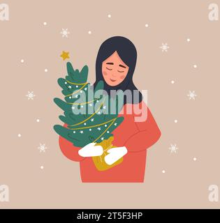 Femme tenant l'arbre de Noël dans le pot. Fille souriante arabe se préparant pour les vacances d'hiver. Les gens achètent du sapin de Noël sur la foire. Carte postale du nouvel an Illustration de Vecteur