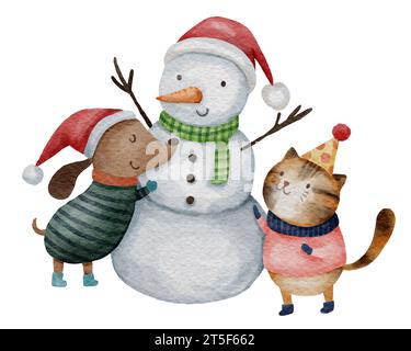 Chien et chat moulent un bonhomme de neige. Personnages de dessins animés de peinture à l'aquarelle. Blanc isoler le fond . Scène de noël Set 5 de 10 . illustration . Banque D'Images