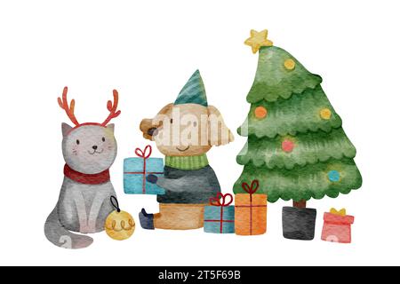 Chien et chat dans la fête de noël et boîte-cadeau. Personnages de dessins animés de peinture à l'aquarelle. Blanc isoler le fond . Scène de noël Set 9 de 10 . illustration Banque D'Images