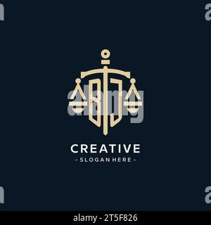 Logo initial BJ avec l'échelle de la justice et icône de bouclier, luxe et style élégant de logo de cabinet d'avocats Illustration de Vecteur