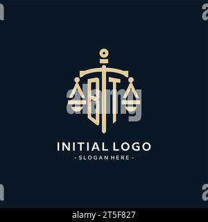 Logo initial BT avec échelle de justice et icône de bouclier, luxe et style élégant de logo de cabinet d'avocats Illustration de Vecteur