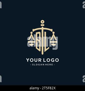 Logo initial BL avec échelle de justice et icône de bouclier, luxe et style élégant de logo de cabinet d'avocats Illustration de Vecteur