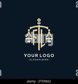 Logo initial FL avec échelle de justice et icône de bouclier, luxe et style élégant de logo de cabinet d'avocats Illustration de Vecteur