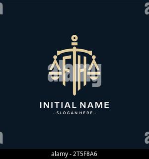 Logo initial de FH avec l'échelle de la justice et icône de bouclier, luxe et style élégant de logo de cabinet d'avocats Illustration de Vecteur