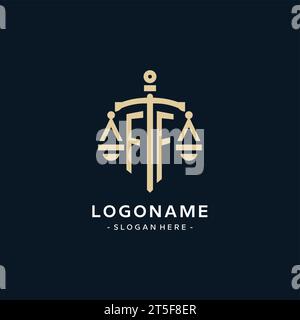 Logo initial FF avec échelle de justice et icône de bouclier, luxe et style élégant de logo de cabinet d'avocats Illustration de Vecteur