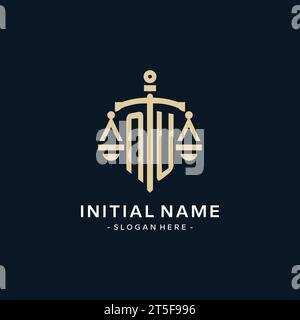 Nu logo initial avec l'échelle de la justice et icône de bouclier, luxe et style élégant de logo de cabinet d'avocats Illustration de Vecteur