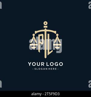 Logo initial PL avec échelle de justice et icône de bouclier, luxe et style élégant de logo de cabinet d'avocats Illustration de Vecteur