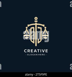 Logo initial OJ avec l'échelle de la justice et icône de bouclier, luxe et style élégant de logo de cabinet d'avocats Illustration de Vecteur