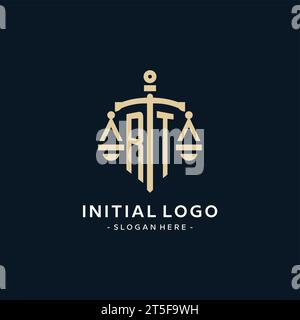 Logo initial RT avec échelle de justice et icône de bouclier, style de logo de cabinet d'avocats de luxe et élégant Illustration de Vecteur