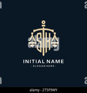 Logo initial SH avec l'échelle de la justice et icône de bouclier, luxe et style élégant de logo de cabinet d'avocats Illustration de Vecteur