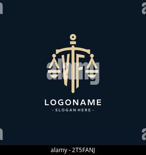 Logo initial VF avec l'échelle de la justice et icône de bouclier, luxe et style élégant de logo de cabinet d'avocats Illustration de Vecteur