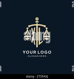 Logo initial XL avec échelle de justice et icône de bouclier, luxe et style élégant de logo de cabinet d'avocats Illustration de Vecteur