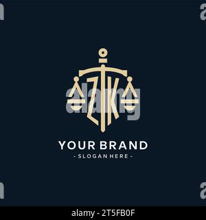 Logo initial ZK avec échelle de justice et icône de bouclier, luxe et style élégant de logo de cabinet d'avocats Illustration de Vecteur