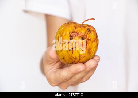 La main d'une femme tient une vieille pomme sèche qui a été stockée pendant longtemps et un sourire triste est dessiné sur la pomme Banque D'Images