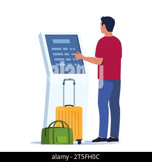 Enregistrement automatique de l'homme au guichet automatique dans le terminal de l'aéroport. Achat d'un ticket par terminal interactif. Illustration vectorielle Illustration de Vecteur