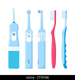 Outils de nettoyage dentaire. Ensemble de brosses à dents et irrigateur. Equipement électrique d'hygiène dentaire. Santé dentaire. Illustration vectorielle Illustration de Vecteur