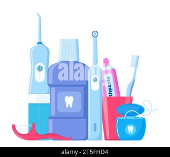 Outils de nettoyage dentaire. Produits de soins bucco-dentaires et d'hygiène. Brosse à dents, dentifrice, bain de bouche, cure-dents à fil dentaire, fil dentaire, irrigateur dentaire. Brossage te Illustration de Vecteur