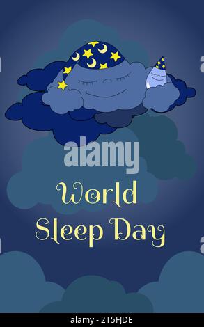 Carte postale verticale World Sleep Day. Le nuage d'orage de dessin animé dans un bonnet de nuit dort sur les nuages dans le ciel nocturne. Illustration vectorielle de conception plate. Illustration de Vecteur