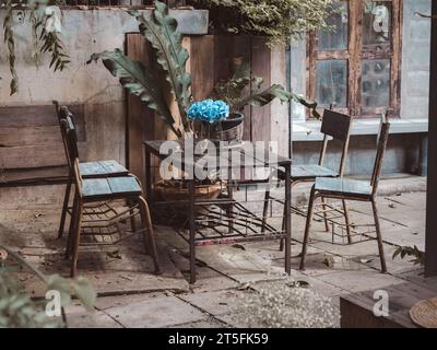Fleurs bleues fraîches animées dans une bouteille en verre vintage debout seul sur une table à manger en bois avec des chaises vides décoration dans une vieille maison abandonnée. Espoir lif Banque D'Images