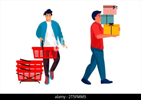 Magasiner des gens. Hommes faisant des achats et des cadeaux en magasin. Personnages masculins portant des sacs et poussant des chariots. Clients achetant des produits alimentaires. Boutique de vecteurs Illustration de Vecteur