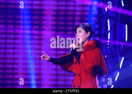 COMTÉ de LUANNAN - JANVIER 3 : les artistes de PingJu sur la scène, dans le grand théâtre de ChengZhaoCai, le 3 janvier 2014, comté de Luannan, province de hebei, chi Banque D'Images