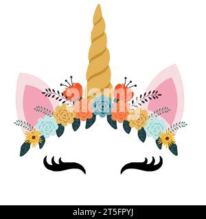 Logo licorne avec corne, oreilles et fleurs. Idéal pour badge, carte, voeux, fête d'anniversaire de bébé, t-shirt, bannière, modèle d'invitation. Isolé sur whit Illustration de Vecteur