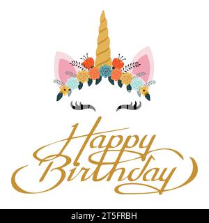 Logo licorne avec corne, oreilles et fleurs. Idéal pour badge, carte, voeux, fête d'anniversaire de bébé, t-shirt, bannière, modèle d'invitation. Isolé sur whit Illustration de Vecteur