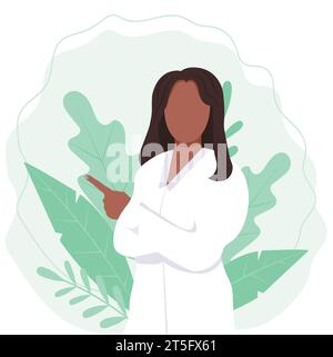 Femme médecin africaine en uniforme blanc. Portrait de femme médecin. Médecin généraliste en uniforme médical, manteau. Thérapeute souriant. Illustration vectorielle plate Illustration de Vecteur