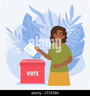 Femme noire mettant vote dans les urnes. Concept électoral. Illustration de Vecteur