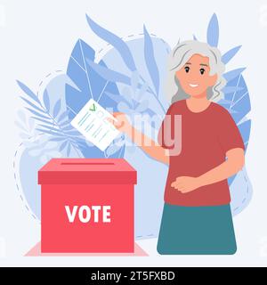 Une vieille femme qui vote dans les urnes. Concept électoral. Illustration de Vecteur