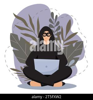 Pirate dans un masque noir avec un ordinateur. Le cybercriminel tient un ordinateur portable. Cyber-attaque, phishing mobile, arnaque. Illustration vectorielle à plat Illustration de Vecteur