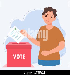 Jeune homme mettant vote dans les urnes. Concept électoral Illustration de Vecteur