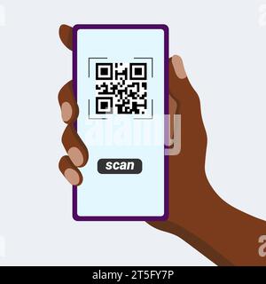 Icône de numérisation du téléphone. Téléphone en main noire.lecture avec validation d'une étiquette QR code avec un smartphone sur fond bleu (design plat) Illustration de Vecteur