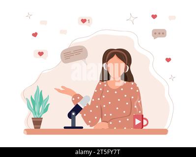 Femme enregistrant un podcast. Concept de podcast dans un style plat. Femme parlant avec le public.Vector illustration Illustration de Vecteur
