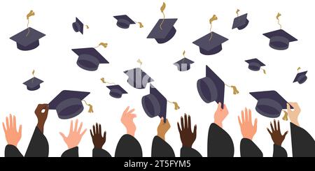 Étudiants diplômés de mains d'élèves en robe jetant des chapeaux de graduation dans l'air, des chapeaux académiques volants, jeter des planches de mortier dans le ciel plat de dessin animé vect Illustration de Vecteur