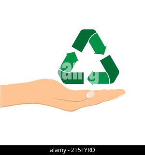 Image conceptuelle, aide et soin du recyclage. Symbole de recyclage triangulaire vert sur une paume ouverte. Illustration vectorielle isolée sur fond blanc. Illustration de Vecteur