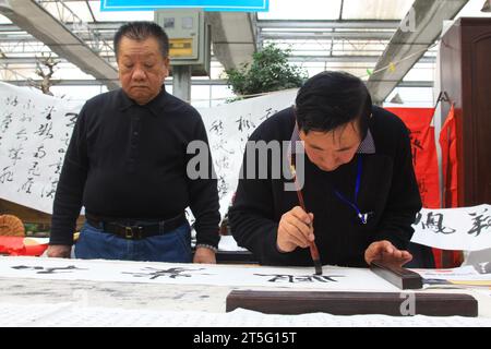 VILLE DE TANGSHAN - FÉVRIER 6 : le calligraphe Chen Peiyu et Wang jiang écrivaient de la calligraphie, le 6 février 2014, ville de Tangshan, province du Hebei, C Banque D'Images