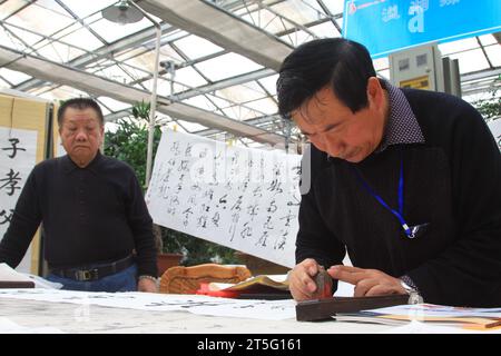 VILLE DE TANGSHAN - FÉVRIER 6 : le calligraphe Chen Peiyu et Wang jiang écrivaient de la calligraphie, le 6 février 2014, ville de Tangshan, province du Hebei, C Banque D'Images