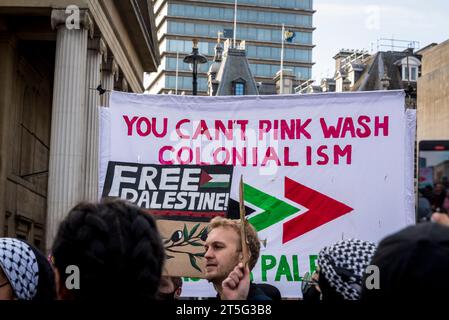 Vous ne pouvez pas laver le colonialisme rose, le soutien LGBTQ+ pour la Palestine à la manifestation pro-palestinienne à Trafalgar Square, Londres le 04/11/2023, Angleterre, Royaume-Uni Banque D'Images