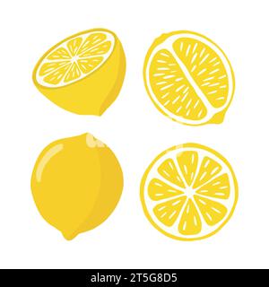 Les citrons sont brillants dans un style plat. Un ensemble de citrons dans différentes sections, moitié, entier, mis en évidence sur un fond blanc Illustration de Vecteur