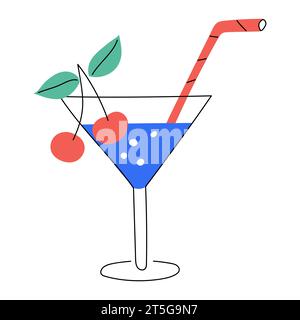 Cocktail tiré à la main avec cerise et paille. Boisson fraîche, boisson d'été. Elément décoratif lumineux. Illustration vectorielle plate couleur isolée sur un blanc Illustration de Vecteur