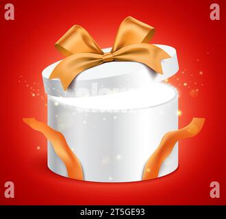 Boîte cadeau blanche ronde ouverte avec un ruban doré et une lumière brillante magique scintillante, brillant de l'intérieur. Boîte cadeau brillante debout sur fond rouge. Design de bannière vectorielle cadeau surprise de vacances. Illustration de Vecteur