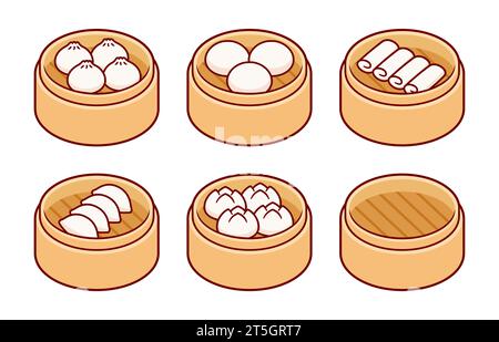 Dim sum, boulettes chinoises traditionnelles, dans des paniers vapeur en bambou. Rouleaux de printemps, potstickers, petits pains Bao. Illustration de vecteur de nourriture asiatique, dessin animé Illustration de Vecteur